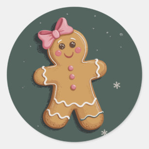 Christmas Gingerbread Girl Pink Bow Coquette Classic Round Sticker