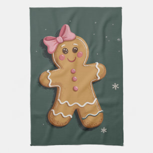 Christmas Gingerbread Girl Pink Bow Coquette  Kitchen Towel