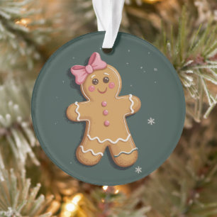 Christmas Gingerbread Girl Pink Bow Coquette Ornament