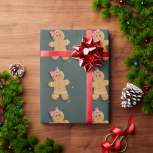 Christmas Gingerbread Girl Pink Bow Coquette Wrapping Paper