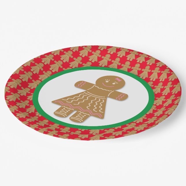 Christmas Gingerbread Girl Red and White Paper Plate (Angled)