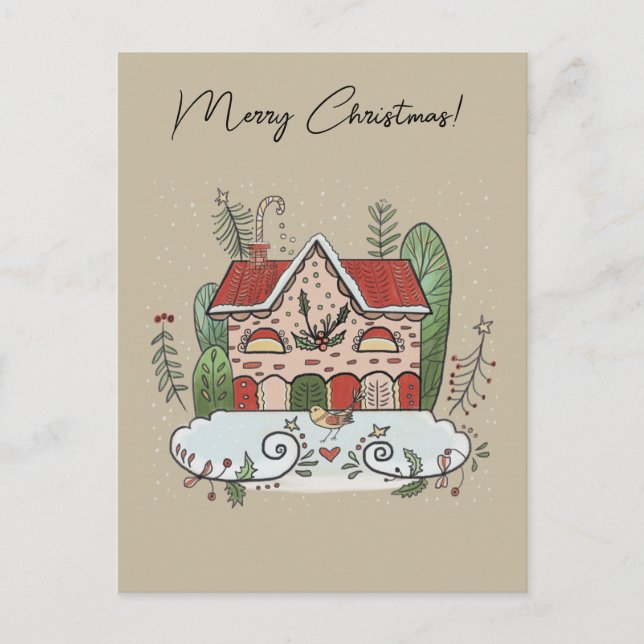 Christmas Gingerbread House Bird Winter Postcard (Front)