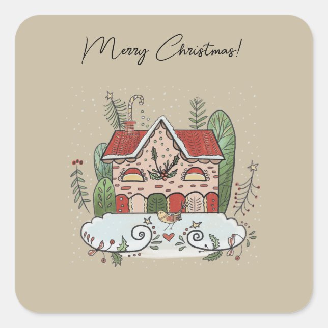 Christmas Gingerbread House Bird Winter  Square Sticker (Front)