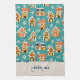 Christmas Gingerbread House Cookie Teal Kitchen Towel