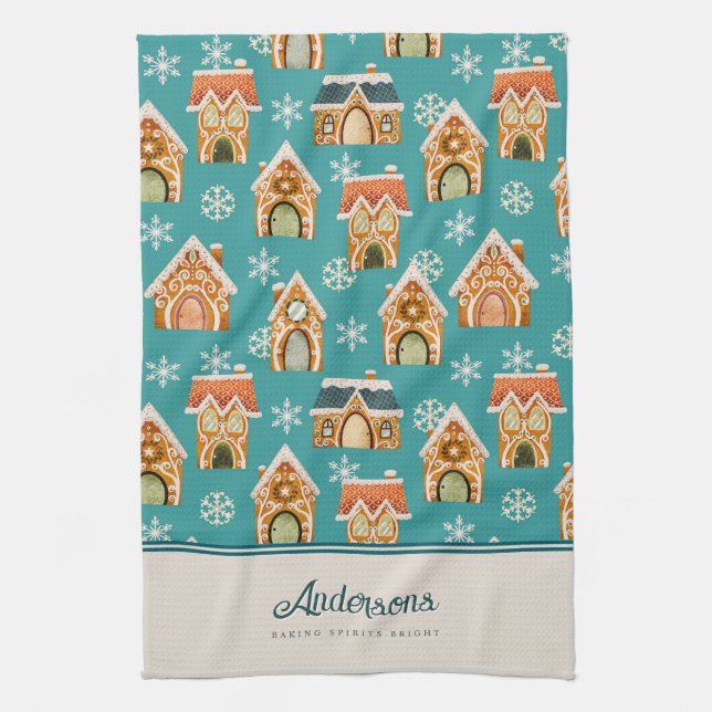 Christmas Gingerbread House Cookie Teal Kitchen Towel (Vertical)