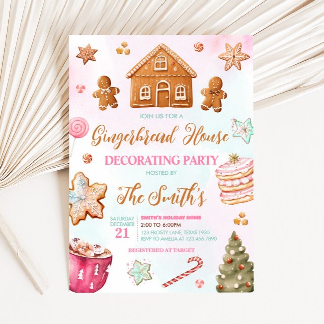 Christmas Gingerbread House Decorating Party Invitation (Pink Christmas Gingerbread House Decorating Party Invitation )