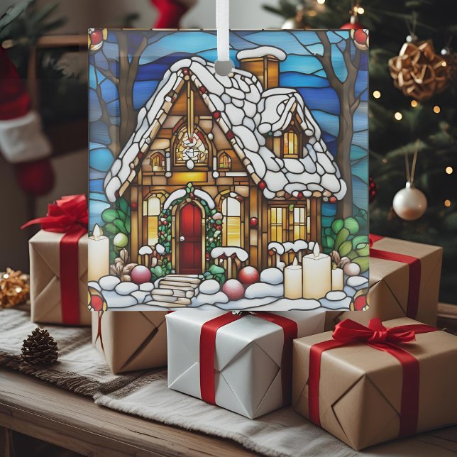Christmas Gingerbread House Faux Stained Glass Glass Ornament (Creator Uploaded)