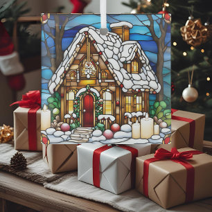 Christmas Gingerbread House Faux Stained Glass Ornament