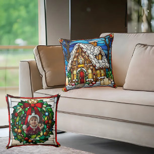 Christmas Gingerbread House Faux Stained Glass Throw Pillow