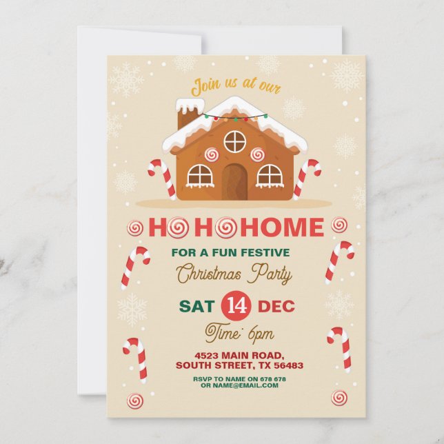 Christmas Gingerbread House Party Ho Ho Ho Invitation (Front)