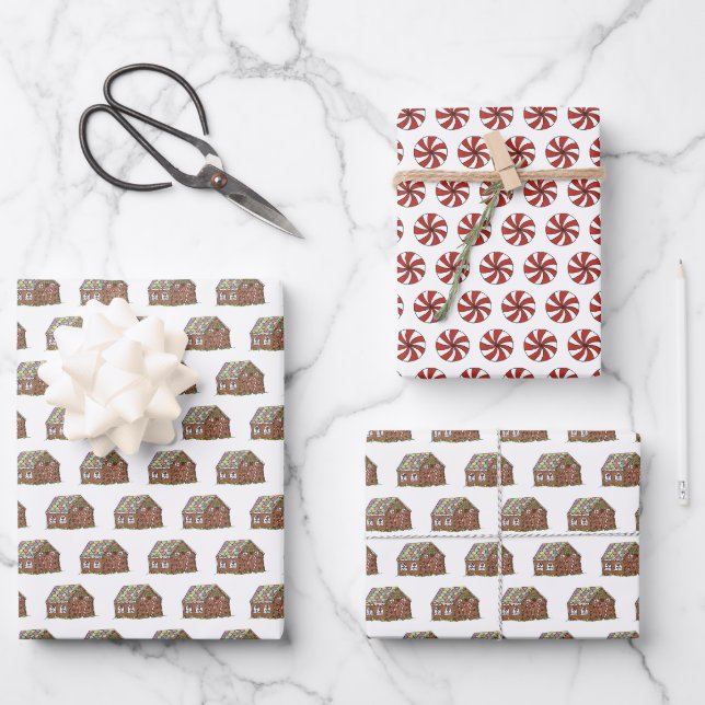 Christmas Gingerbread House Peppermint Candy Cane Wrapping Paper Sheet (Front)