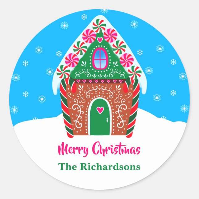 Christmas Gingerbread House Personalized Classic Round Sticker (Front)