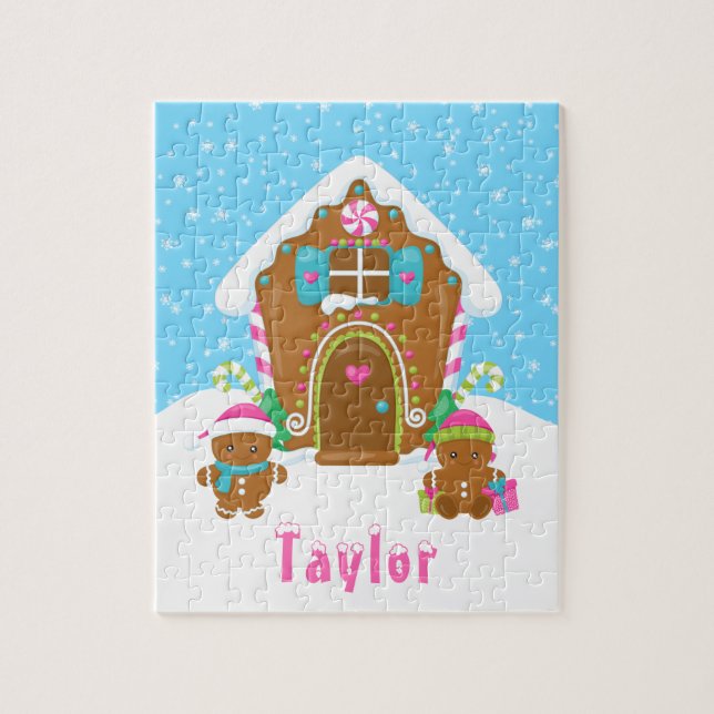 Christmas Gingerbread House Pink and Blue Jigsaw Puzzle (Vertical)