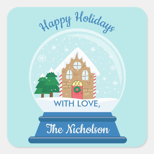 CHRISTMAS GINGERBREAD HOUSE SNOW GLOBE SQUARE STICKER (Front)