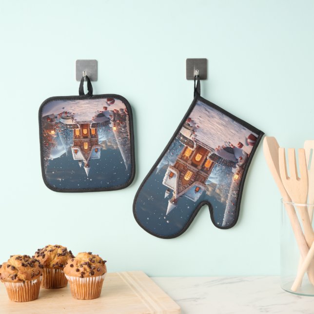 Christmas Gingerbread House Starry Night Oven Mitt & Pot Holder Set (Insitu(Hanging))