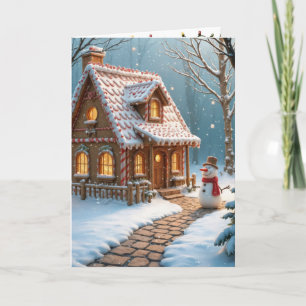 Christmas Gingerbread House With a Snowman  Card