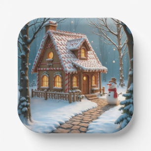 Christmas Gingerbread House With a Snowman Paper Plate