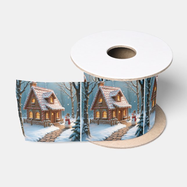 Christmas Gingerbread House With a Snowman  Satin Ribbon (Spool)