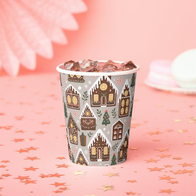 Christmas Gingerbread Houses Holiday Pattern Paper Cups (Insitu)