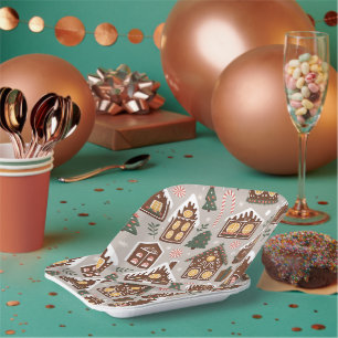 Christmas Gingerbread Houses Holiday Pattern Paper Plate