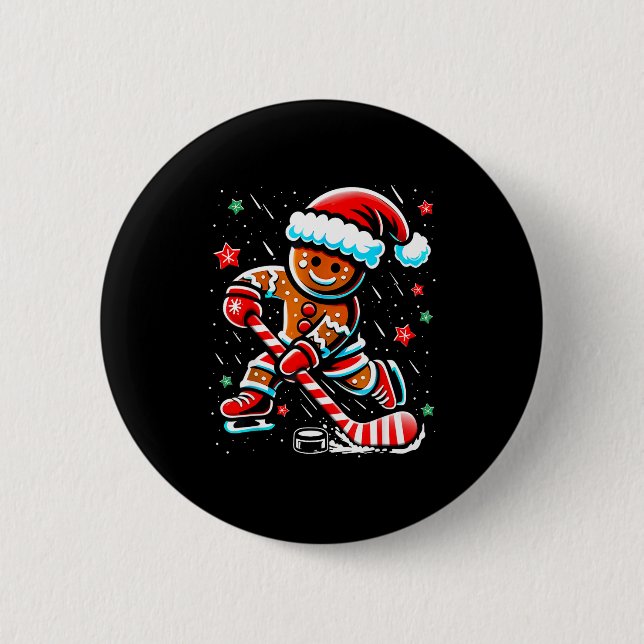 Christmas Gingerbread Ice Hockey Srts Funny Xmas P 2 Inch Round Button (Front)