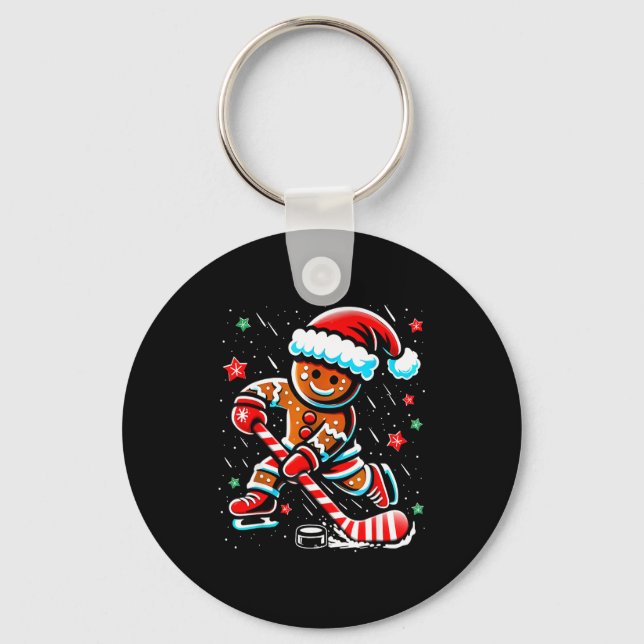 Christmas Gingerbread Ice Hockey Srts Funny Xmas P Keychain (Front)
