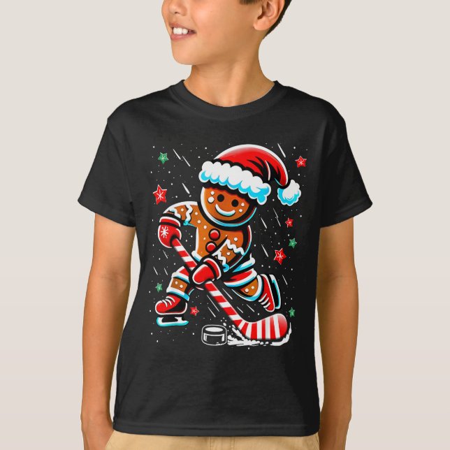 Christmas Gingerbread Ice Hockey Srts Funny Xmas P T-Shirt (Front)