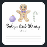 Christmas gingerbread man - Baby's first library Square Sticker<br><div class="desc">Gingerbread Man Christmas Baby Shower Invitation. Watercolor gingerbread cookie with sugar cane and violet christmas ball. Matching items available.</div>