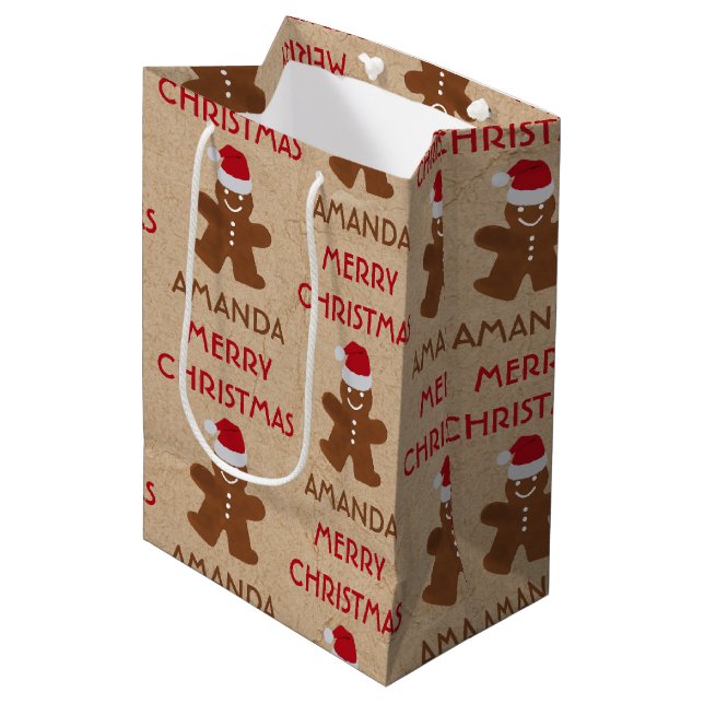 Christmas Gingerbread Man Cookies Custom Name Medium Gift Bag (Front Angled)