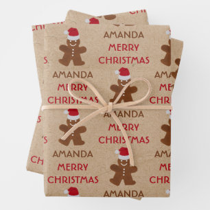 Christmas Gingerbread Man Cookies Custom Name Wrapping Paper Sheet
