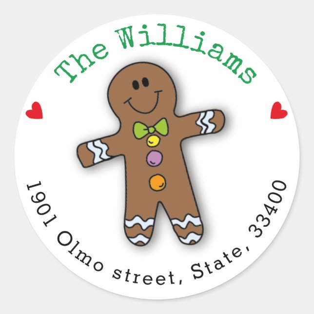 Christmas Gingerbread Man Custom Return Address Classic Round Sticker (Front)