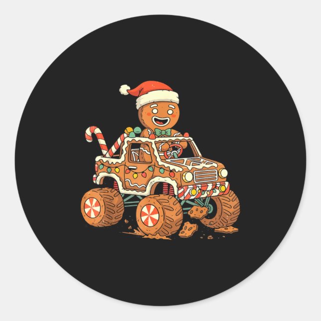 Christmas Gingerbread Man Driving Truck Xmas Light Classic Round Sticker (Front)