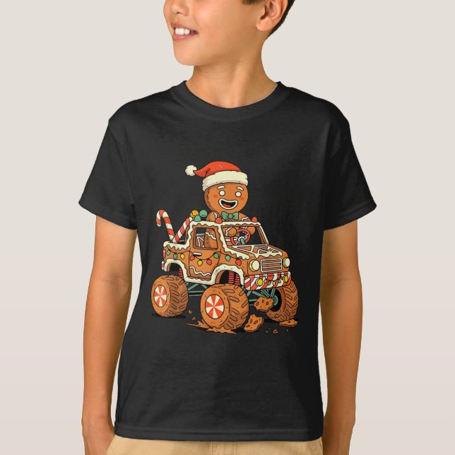 Christmas Gingerbread Man Driving Truck Xmas Light T-Shirt (Front)