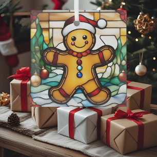 Christmas Gingerbread Man Faux Stained Glass Glass Ornament