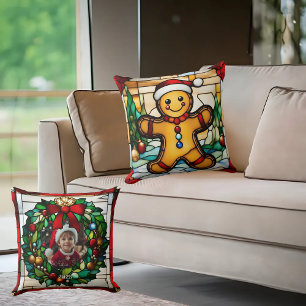 Christmas Gingerbread Man Faux Stained Glass Throw Pillow