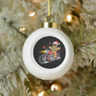 Christmas Gingerbread Man Motorcycle Biker Santa Ceramic Ball Christmas Ornament