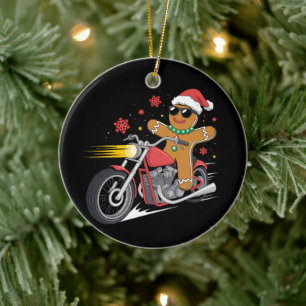 Christmas Gingerbread Man Motorcycle Biker Santa Ceramic Ornament