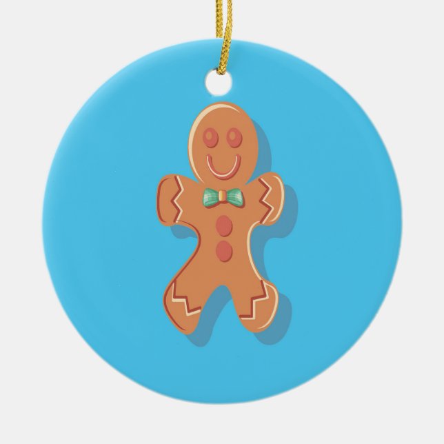 Christmas gingerbread man on blue ceramic ornament (Front)