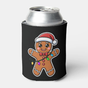 Christmas Gingerbread Man Santa Hat Lights Xmas Can Cooler