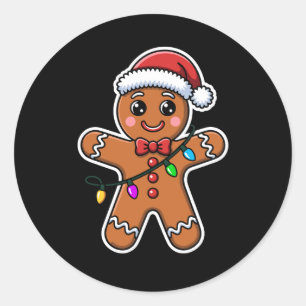 Christmas Gingerbread Man Santa Hat Lights Xmas Classic Round Sticker