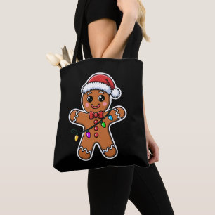 Christmas Gingerbread Man Santa Hat Lights Xmas Tote Bag
