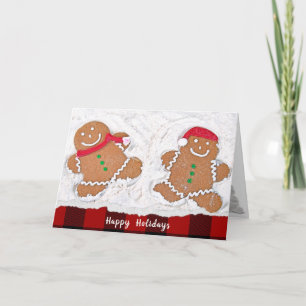 Christmas Gingerbread Man snow angels with plaid Holiday Card