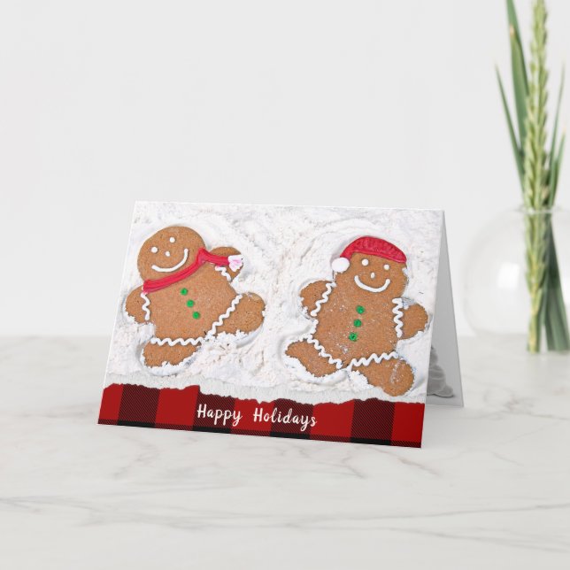 Christmas Gingerbread Man snow angels with plaid Holiday Card (Front)