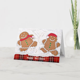 Christmas gingerbread man snow angels with plaid holiday card