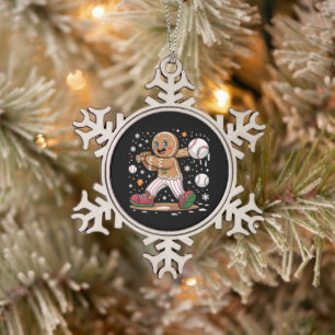 Christmas Gingerbread Man Sports Player Baseball  Snowflake Pewter Christmas Ornament
