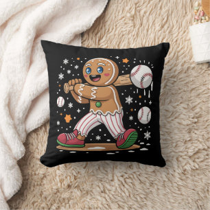 Christmas Gingerbread Man Sports Player Baseball  Throw Pillow