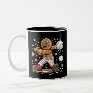 Christmas Gingerbread Man Sports Player Baseball  Two-Tone Coffee Mug