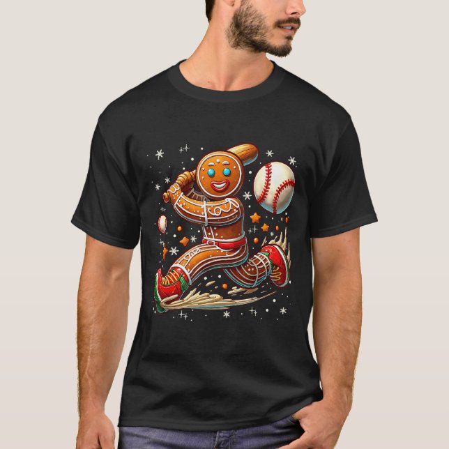 Christmas Gingerbread Man Srts Player Funny Baseba T-Shirt (Front)