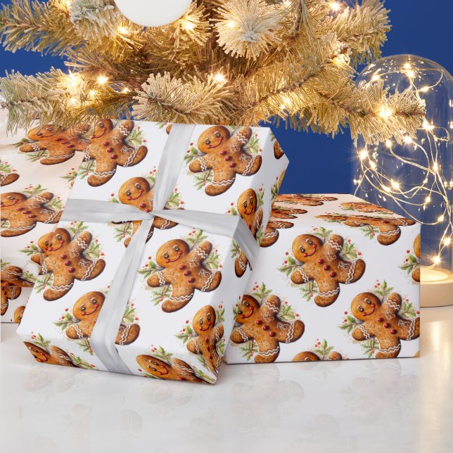 Christmas Gingerbread Man with Holly Wrapping Paper (Holidays)