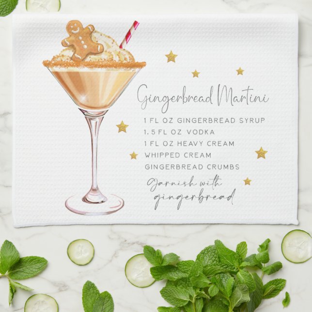 Christmas Gingerbread Martini Recipe Watercolor Kitchen Towel (Folded)